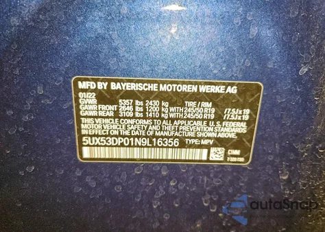 2022 BMW X3 xDrive30I from USA, damaged, VIN 5UX53DP01N9L16356